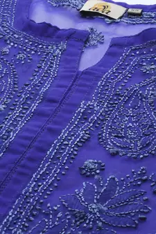 Ada Hand Embroidered Royal Blue Faux Georgette Lucknow Chikan Women Kurti with Slip - A229395