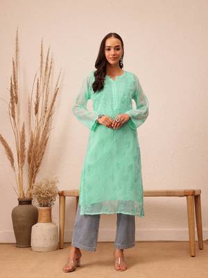 Hand Embroidered Sea Green Georgette Lucknowi Chikankari Indian Women Kurta With Slip 1
