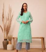 Hand Embroidered Sea Green Georgette Lucknowi Chikankari Indian Women Kurta With Slip