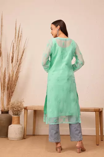 Hand Embroidered Sea Green Georgette Lucknowi Chikankari Indian Women Kurta With Slip