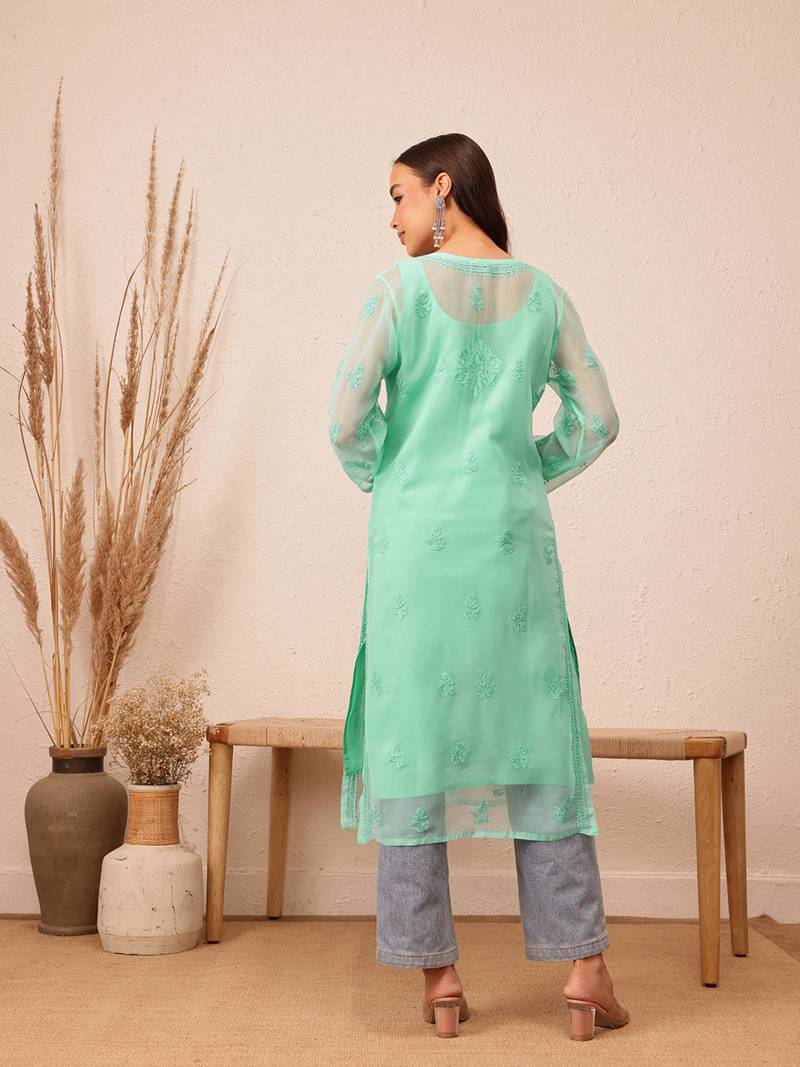 Hand Embroidered Sea Green Georgette Lucknowi Chikankari Indian Women Kurta With Slip
