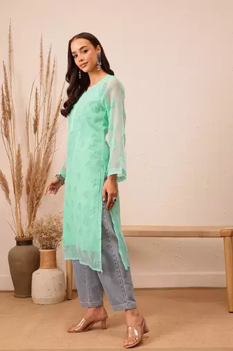 Hand Embroidered Sea Green Georgette Lucknowi Chikankari Indian Women Kurta With Slip