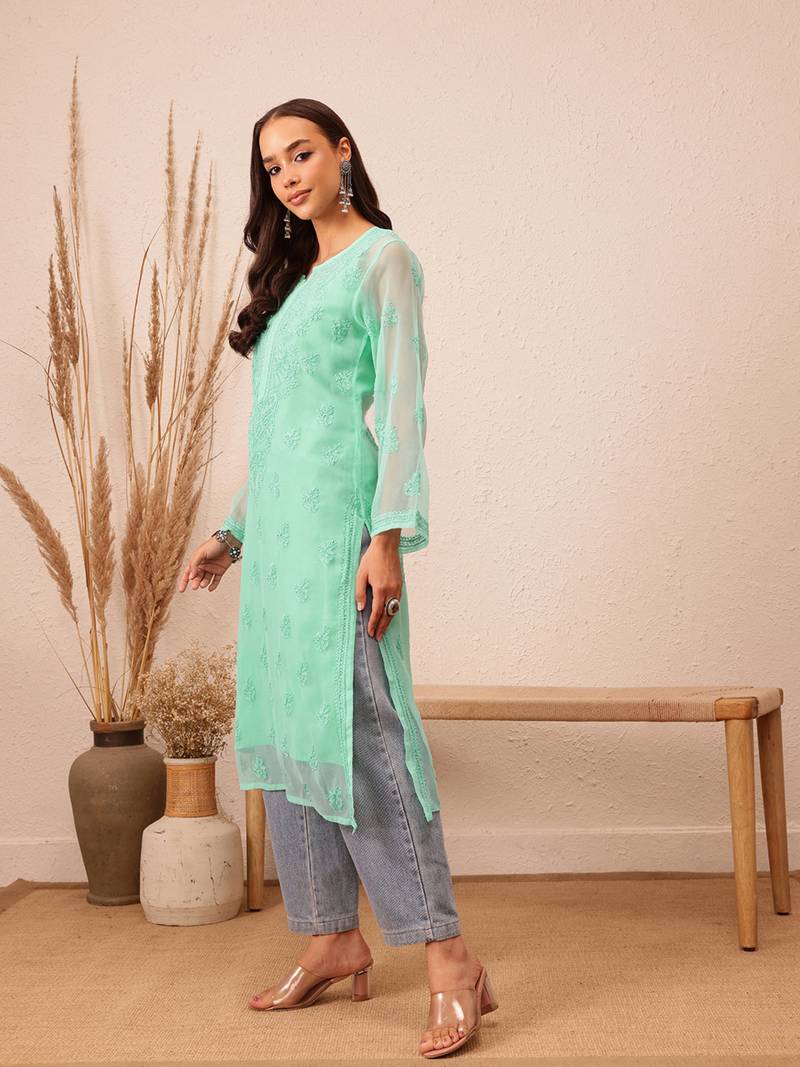 Hand Embroidered Sea Green Georgette Lucknowi Chikankari Indian Women Kurta With Slip
