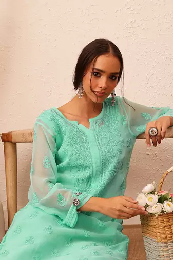 Hand Embroidered Sea Green Georgette Lucknowi Chikankari Indian Women Kurta With Slip