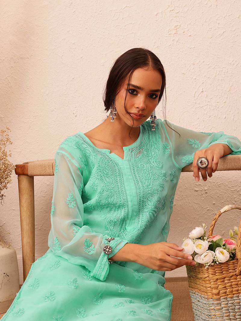 Hand Embroidered Sea Green Georgette Lucknowi Chikankari Indian Women Kurta With Slip