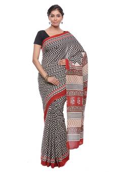 Beige printed cotton saree with blouse