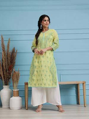 Handmade Lemon Cotton Lucknowi Chikankari Indian Women Kurta 1