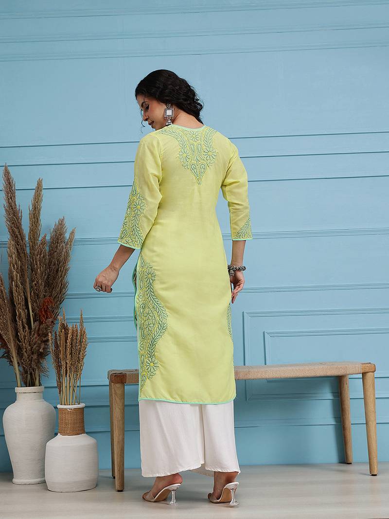 Handmade Lemon Cotton Lucknowi Chikankari Indian Women Kurta