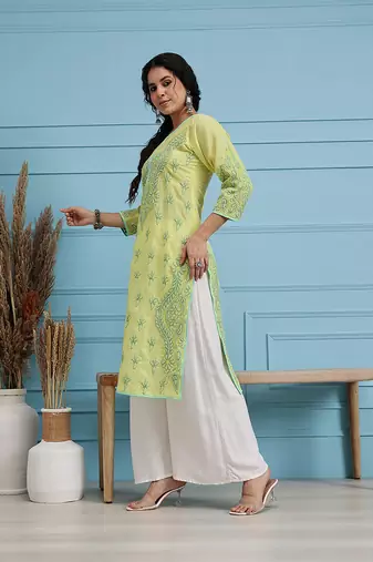 Handmade Lemon Cotton Lucknowi Chikankari Indian Women Kurta
