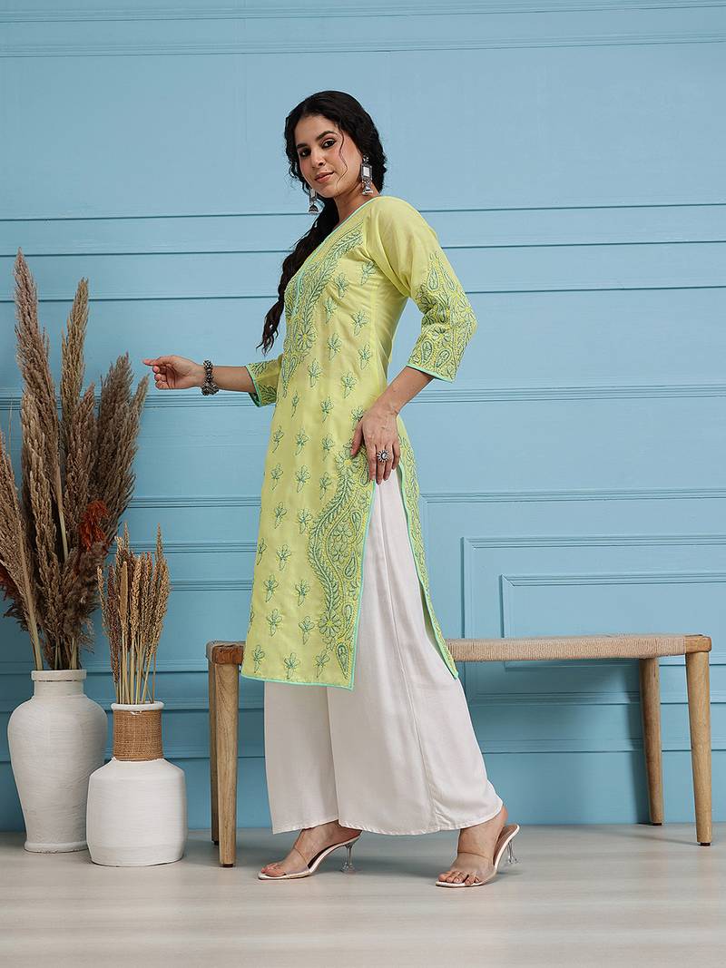 Handmade Lemon Cotton Lucknowi Chikankari Indian Women Kurta
