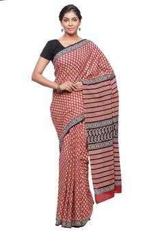 Red printed cotton saree with blouse