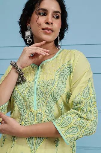 Handmade Lemon Cotton Lucknowi Chikankari Indian Women Kurta