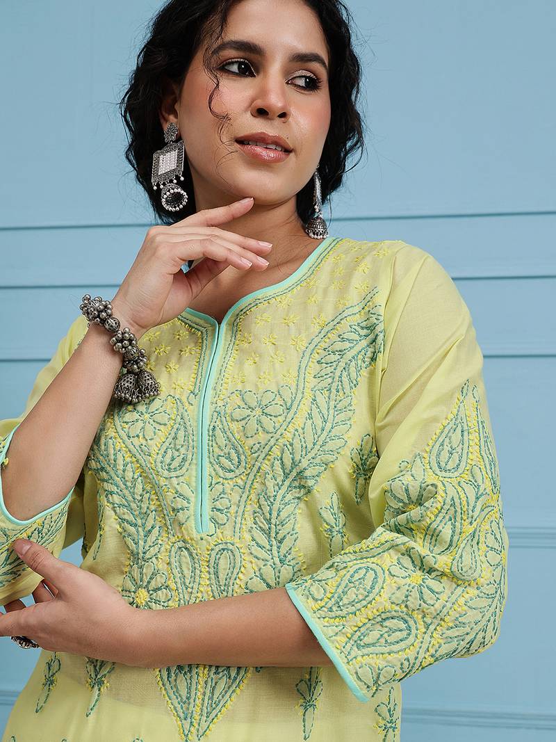 Handmade Lemon Cotton Lucknowi Chikankari Indian Women Kurta