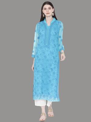 Ada Hand Embroidered Blue Georgette Lucknowi Chikankari Indian Women Kurta With Slip - A225894 1