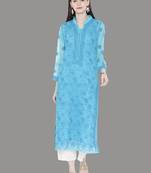 Ada Hand Embroidered Blue Georgette Lucknowi Chikankari Indian Women Kurta With Slip - A225894