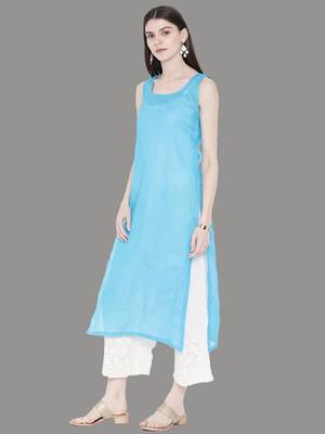 Ada Hand Embroidered Blue Georgette Lucknowi Chikankari Indian Women Kurta With Slip - A225894 2