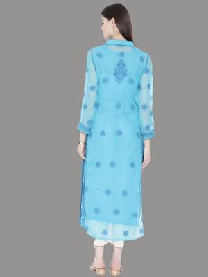 Ada Hand Embroidered Blue Georgette Lucknowi Chikankari Indian Women Kurta With Slip - A225894 3