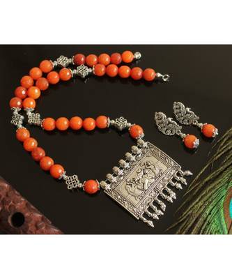 Beautiful Silver Tone Orange Agate Designer Necklace Set Dj28512 1