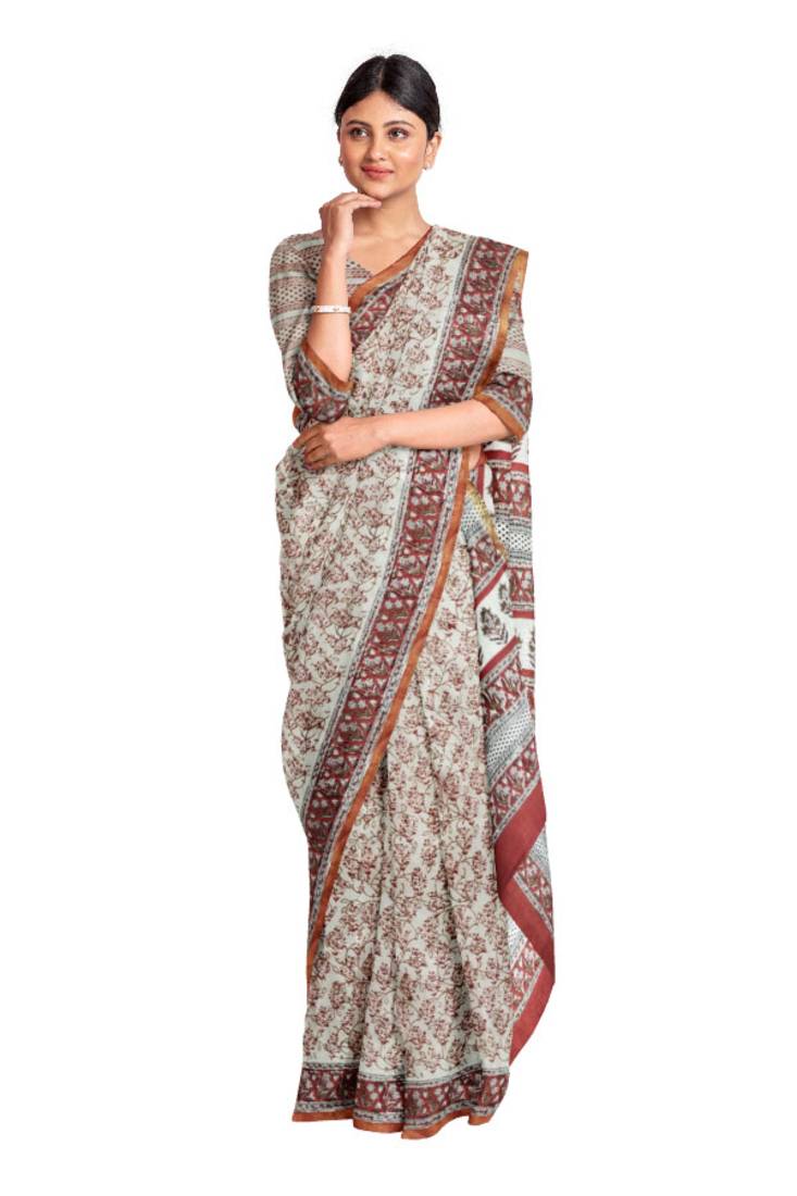 Bagru Kalamkari Red Jaal Hand Block Printed Cotton Zari Border Saree