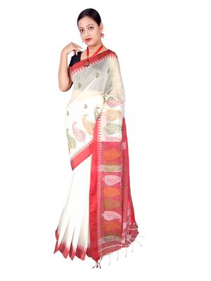 White Wiving Work Cotton Silk Handloom Saree With B.P 2