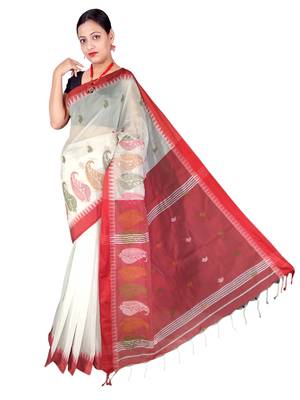 White Wiving Work Cotton Silk Handloom Saree With B.P 3