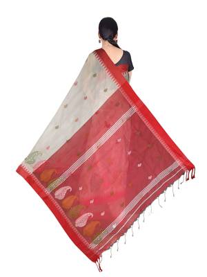 White Wiving Work Cotton Silk Handloom Saree With B.P 4