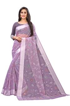 Purple Printed Cotton Saree With Blouse