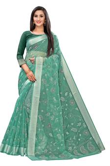 Sea Green Printed Cotton Saree With Blouse