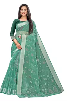 Sea Green Printed Cotton Saree With Blouse