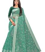 Sea Green Printed Cotton Saree With Blouse