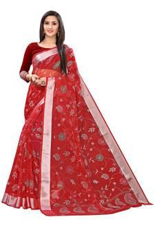 Red Printed Cotton Saree With Blouse