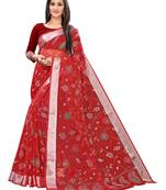 Red Printed Cotton Saree With Blouse