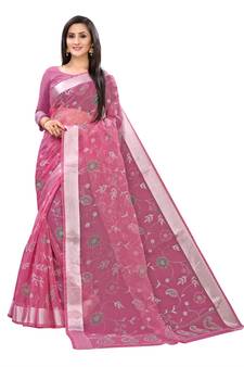Pink Printed Cotton Saree With Blouse