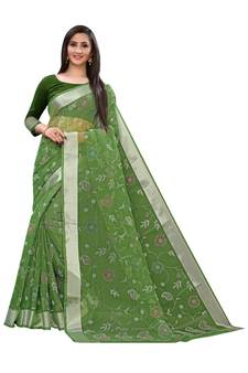 Green Printed Cotton Saree With Blouse