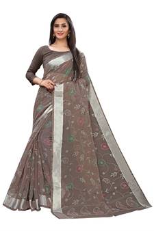 Charcoal Printed Cotton Saree With Blouse