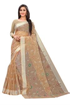Beige Printed Cotton Saree With Blouse