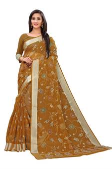 Brown Printed Cotton Saree With Blouse