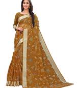 Brown Printed Cotton Saree With Blouse