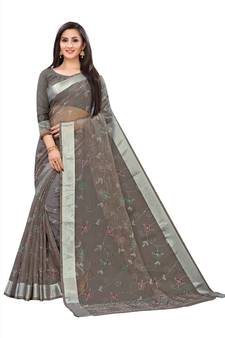 Grey Printed Cotton Saree With Blouse