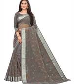Grey Printed Cotton Saree With Blouse