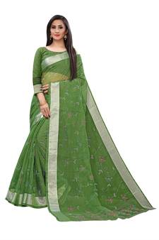 Green Printed Cotton Saree With Blouse