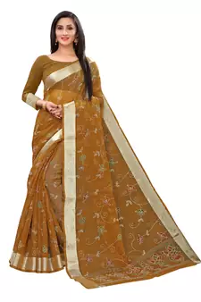 Brown Printed Cotton Saree With Blouse