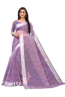 Purple Printed Cotton Saree With Blouse
