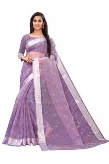 Purple Printed Cotton Saree With Blouse
