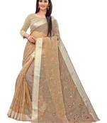 Beige Printed Cotton Saree With Blouse