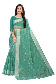 Sea Green Printed Cotton Saree With Blouse