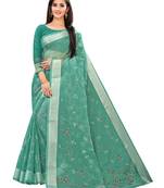 Sea Green Printed Cotton Saree With Blouse