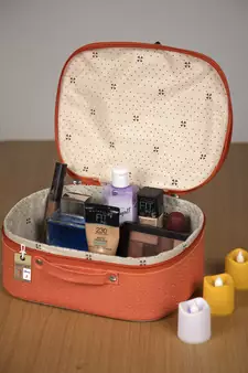 atorakushon   Fabric Makeup Storage Box Travelling Vanity Cosmetic Toiletry Bag Necklace Organizer Jewellery Pouch Peach