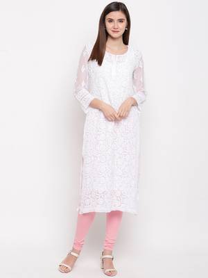 Hand Embroidered White Georgette Lucknow Chikankari Kurta With Slip 1