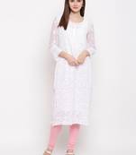 Hand Embroidered White Georgette Lucknow Chikankari Kurta With Slip